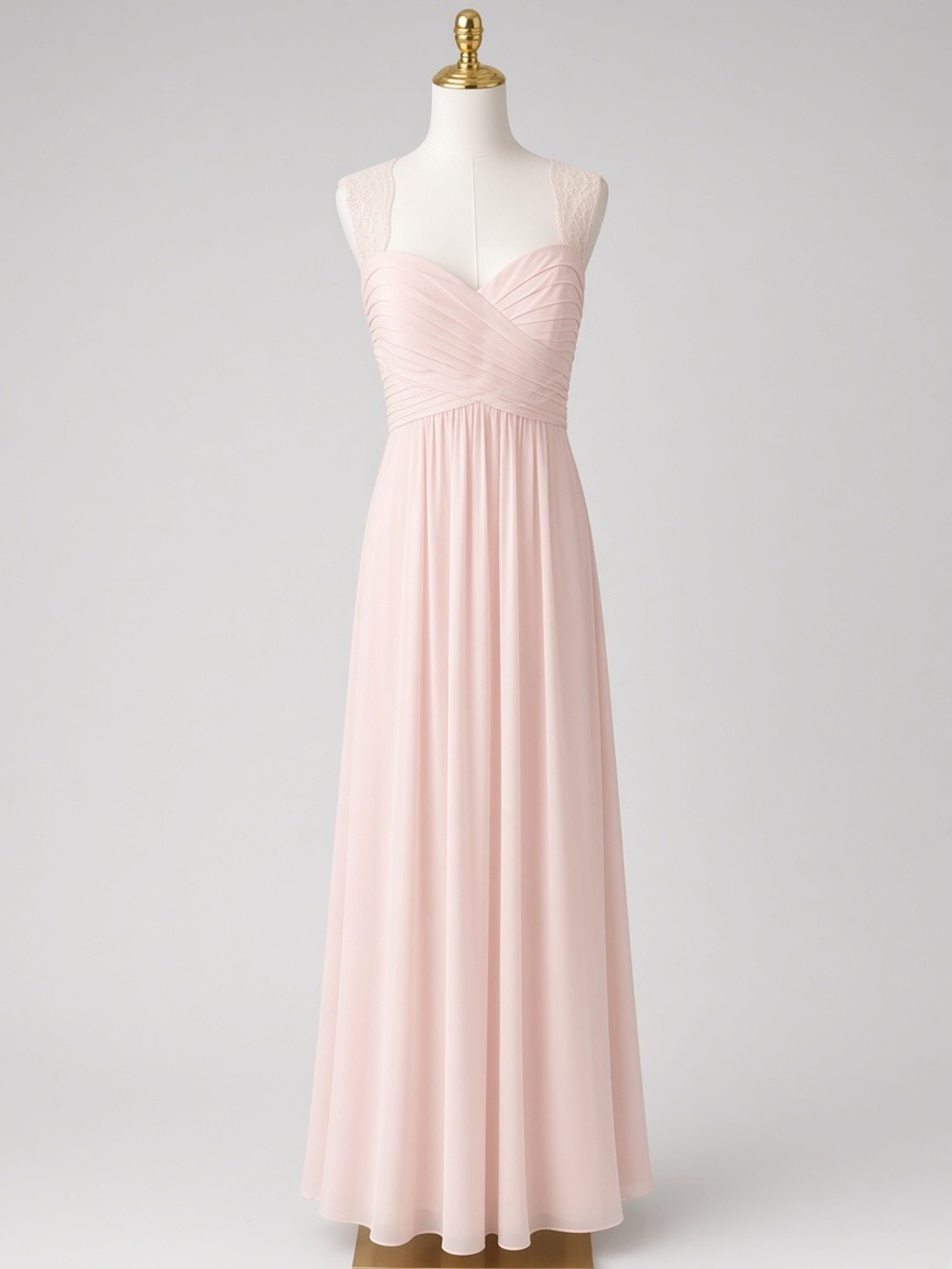 Bill Levkoff Blush Lace-Strap Chiffon Gown